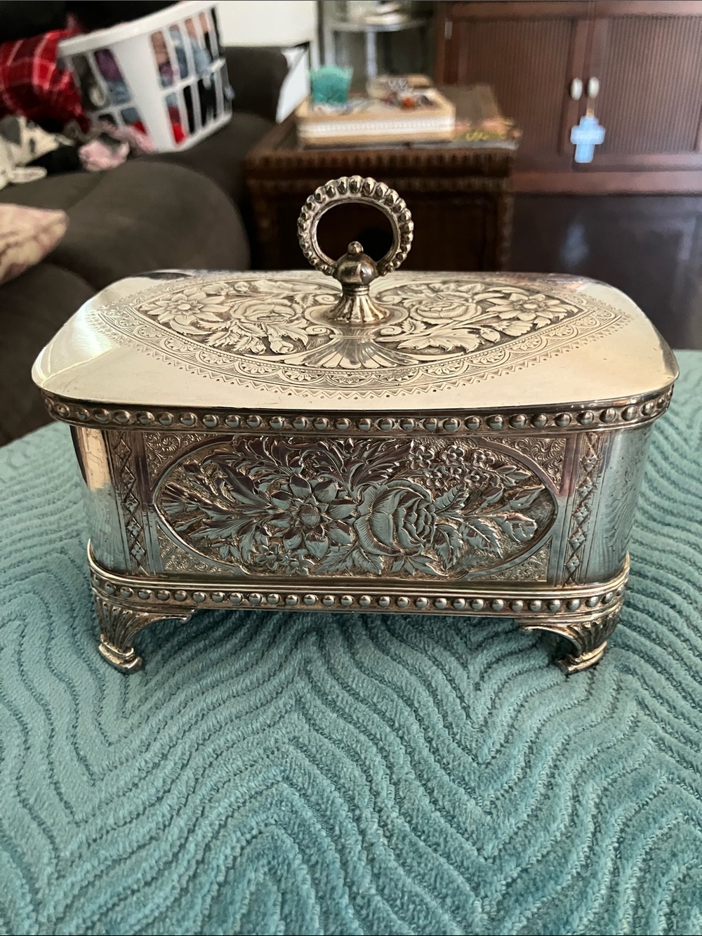 Ornate Silver Floral Jewelry Box with Handle